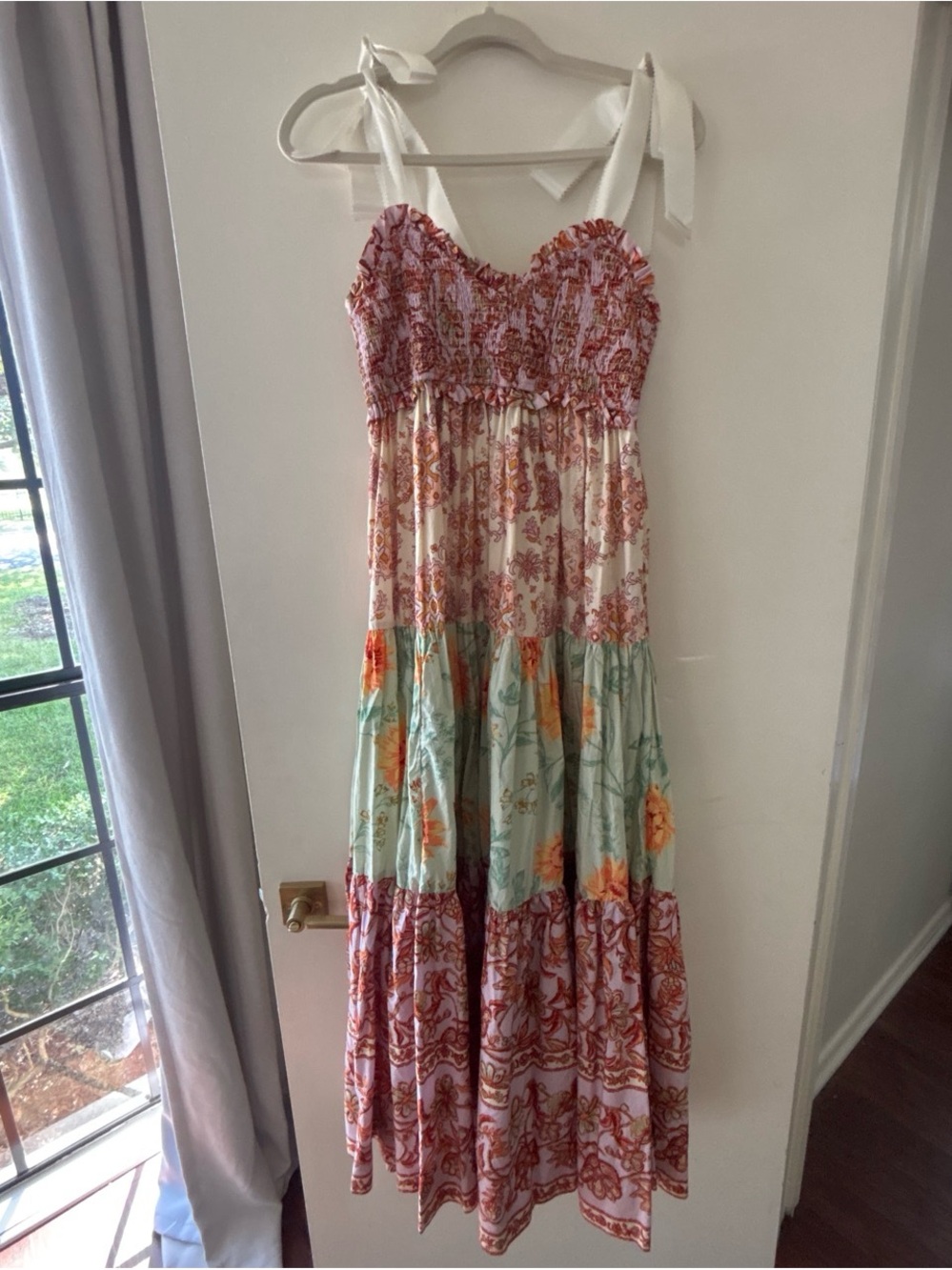 Free People Cream, Mint & Coral Tiered Floral Maxi Dress with White Tie Straps